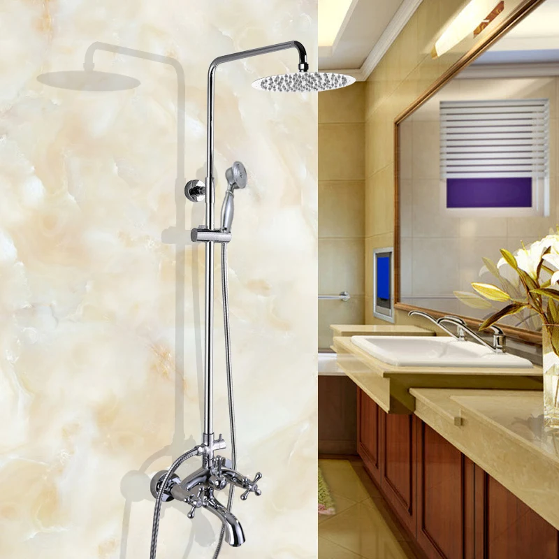 

Wall Mounted Bathroom Rain Shower Faucet Set Polished Chrome Brass Handheld Shower Head Two Cross Handles Tub Mixer Tap acy356