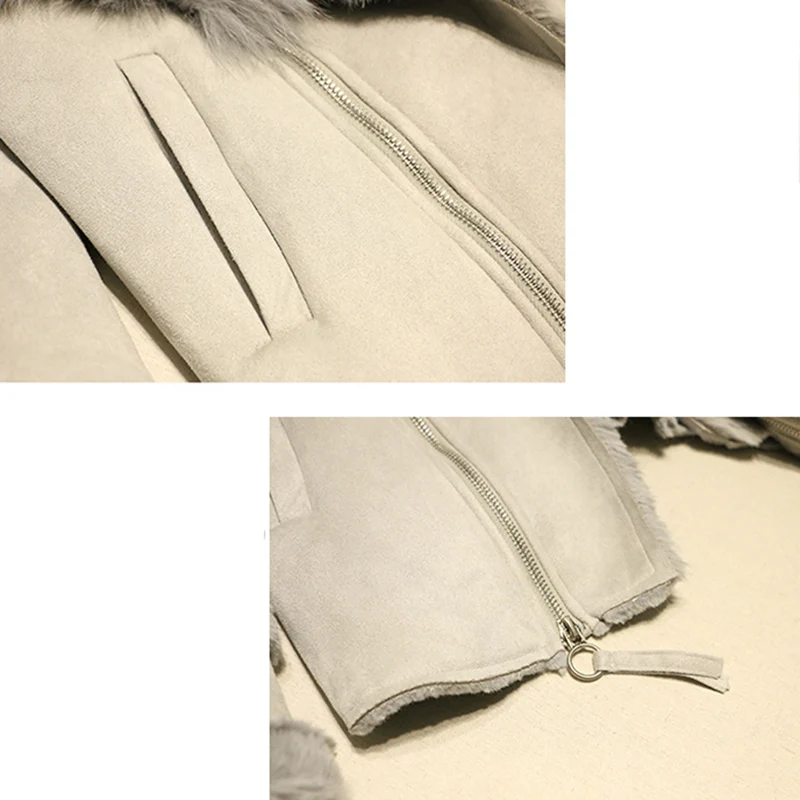 High quality 2018 New Autumn Winter Suede Leather Jacket Women Long sleeve Jacket Thick Real fox fur collar Warm Coat LF857