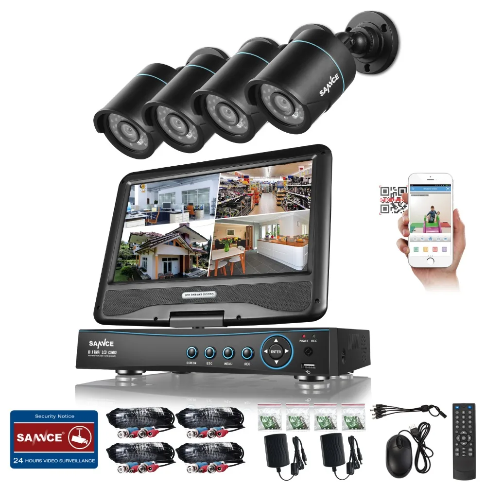 

SANNCE 10.1" LCD 4CH 720P DVR NVR HVR 3 IN 1 Network CCTV Surveillance Video  With 4 PCS  1.0MP 720P Cameras CCTV System