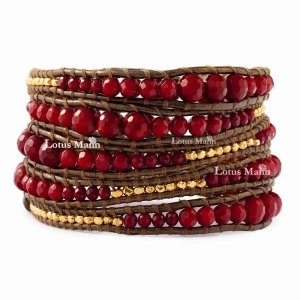 

Lotus mann Graduated Red Coral Wrap Bracelet on Kansa Colored Leather