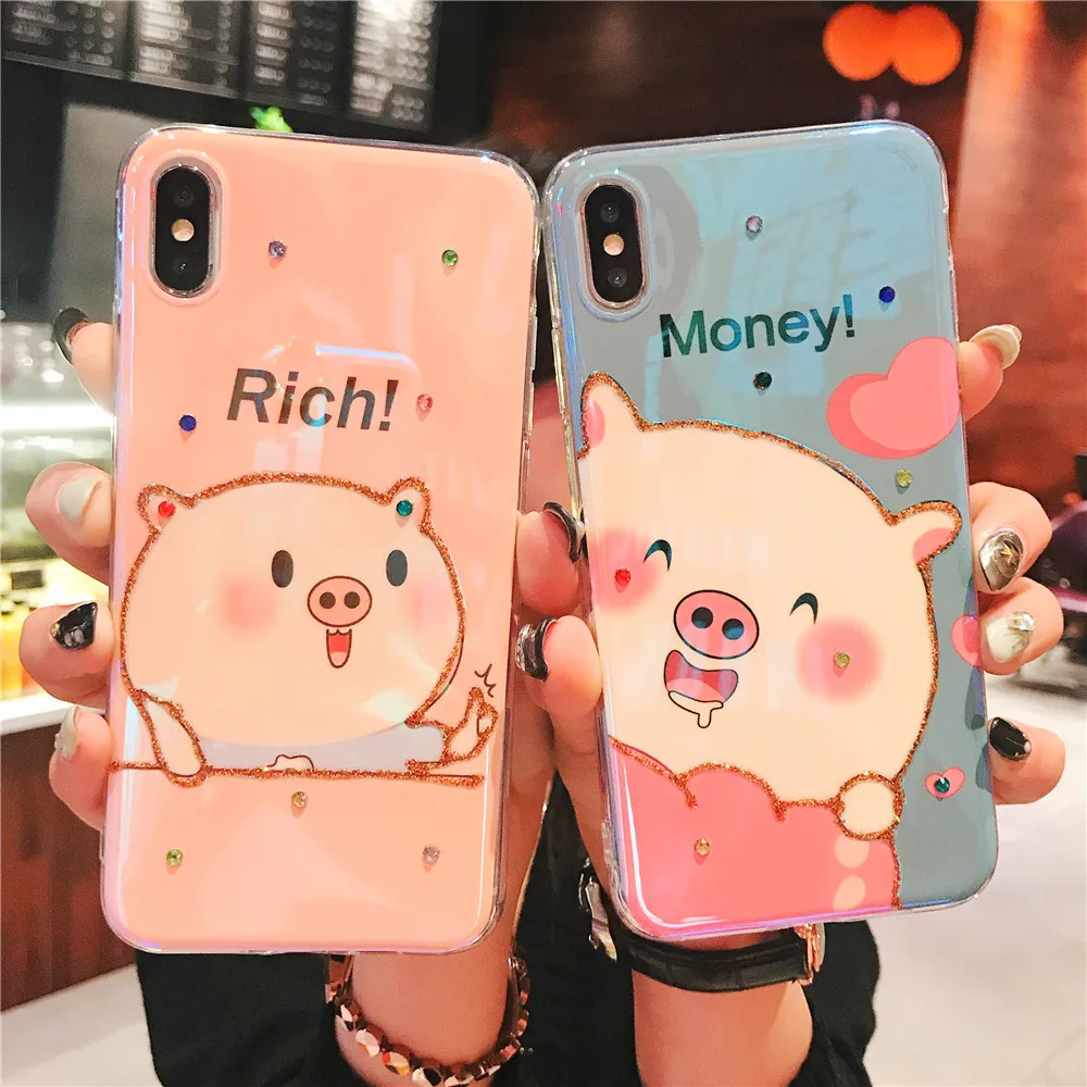 Rich pig cartoon cute glitter with drill phone cases for iphone 7plus/8plus/x/xs/xr/xs max case New couple |