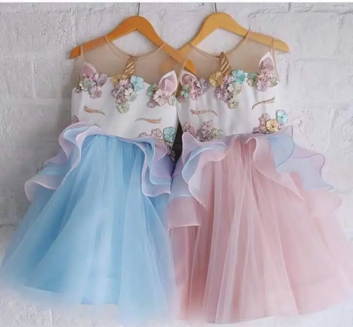 

In Stock Ready ship Hot Retail Baby Girls Unicorn Beading Floral Mesh Tutu Dresses, Princess Kids Cosplay Flower Party Dress