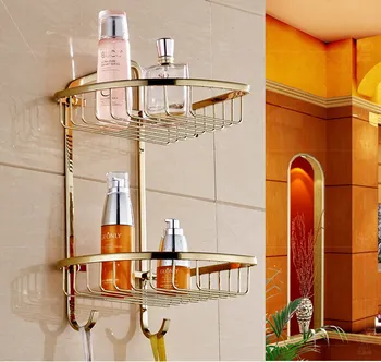 

Polished Gold Color brass Wall Mounted Bathroom Dual Tier Corner Shower Shelf Storage Basket Bathroom Accessory mba098