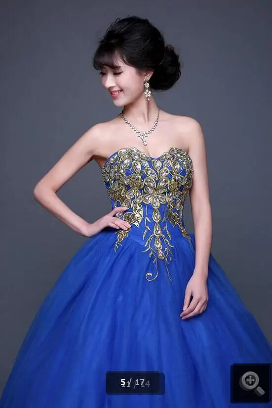 New arrival ball gown royal blue gold lace wedding dress appliques crystals princess puffy formal wedding gowns hot sale dress