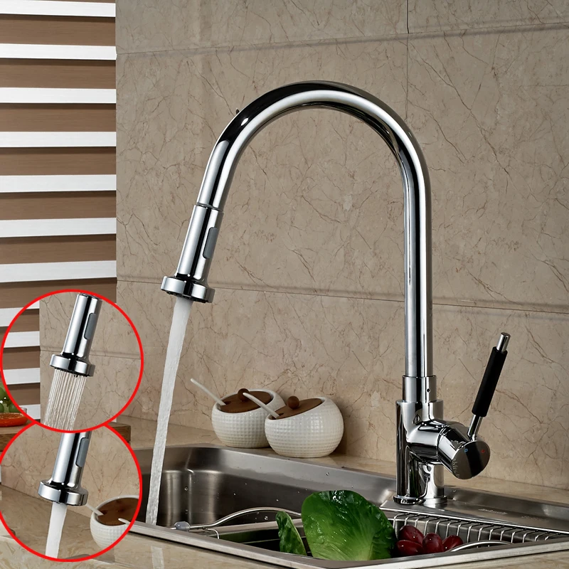 Chrome Finish Kitchen Pull Out Spryaer Head Mixer Taps Single Lever Brass Deck Mounted Kitchen Water