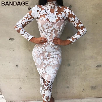 

China Cheap Long Sleeve White Floral Mesh Embroidery Midi Bandage Dresses 2019 Hot Sale New Turtleneck Party Dress for Women