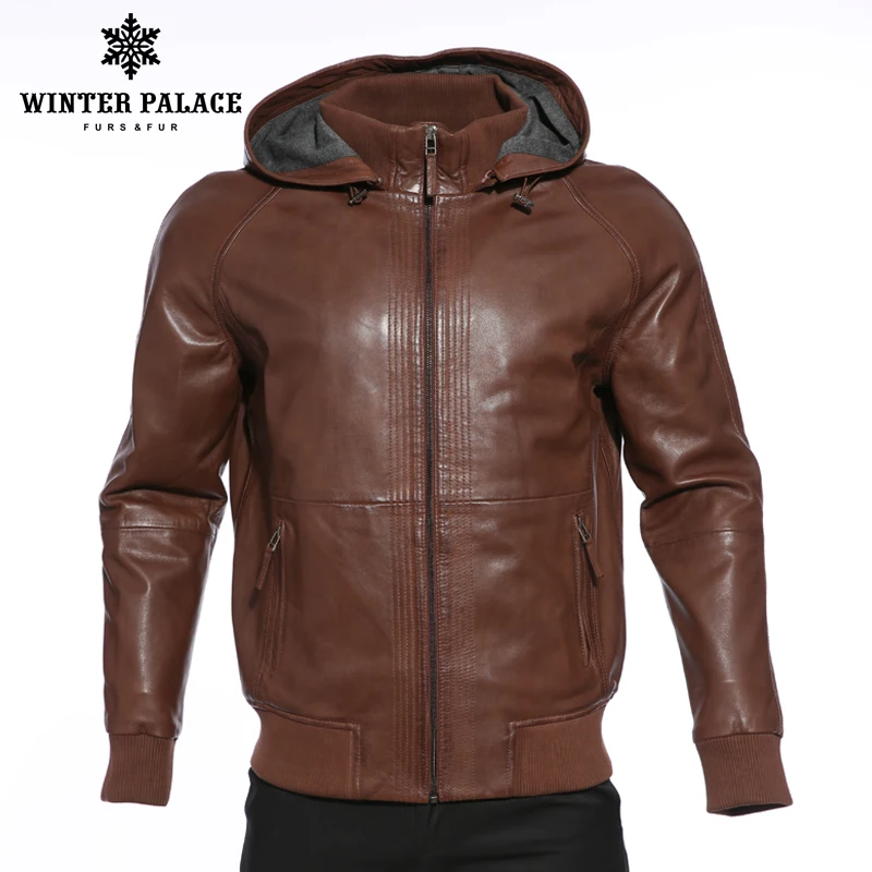 

Upscale Fashion new products leather jacket Genuine Leather Hooded leather jacket men Dark brown mens leather jackets and coats