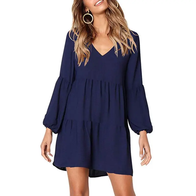 

Women Loose Autumn Winter Dresses Sexy V-neck Dress Long-sleeved Stitching Solid Color High Waist Mini Casual Loose Vestidos