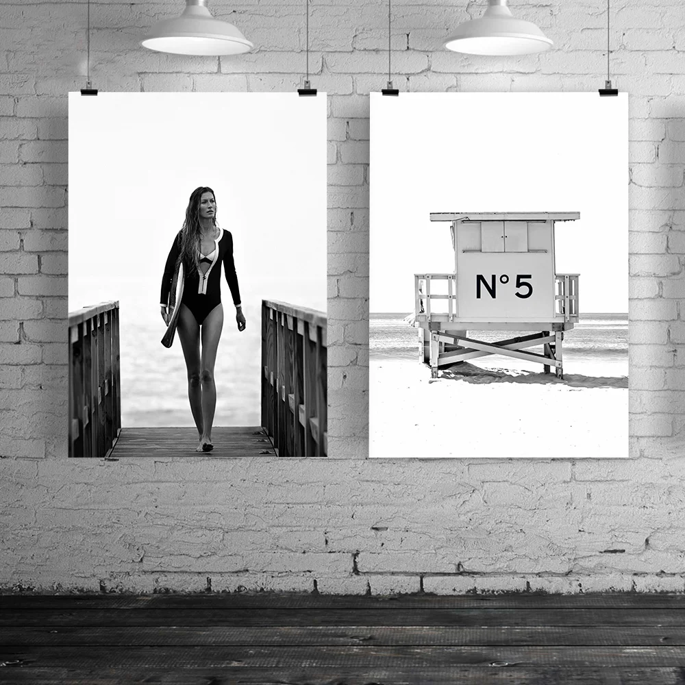 Cartel Moda Surf Mujer Letras n/órdicas Pared Pop Art Lienzo Pintura Blanco y Negro Moda cuadros-40X60cmx2 sin Marco