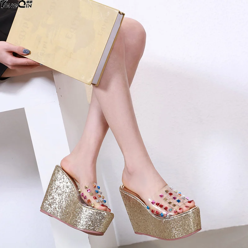 

Summer sexy rivet wild wedge sandals peep toe high heel women's sandals shoes
