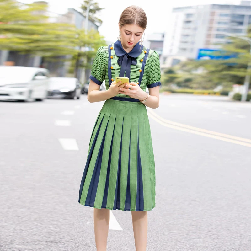 

Buttons Bows Milan Runway High Quality Summer New Women'S Fashion Party Boho Beach Sexy Vintage Elegant Chic Print Chiffon Dress