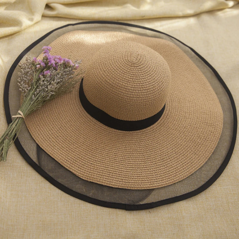 HT2504 Sun Hat Summer anti-UV Lady Wide Brim Hat Women Solid Plain Floppy Summer Straw Hats for Women Female Mesh Brim Beach Women Sun Hat
