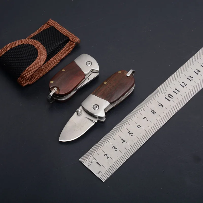 Baratos Hysenss pequeño cuchillo táctico plegable hoja de acero mango de madera Camping al aire libre caza supervivencia bolsillo herramientas EDC para llavero
