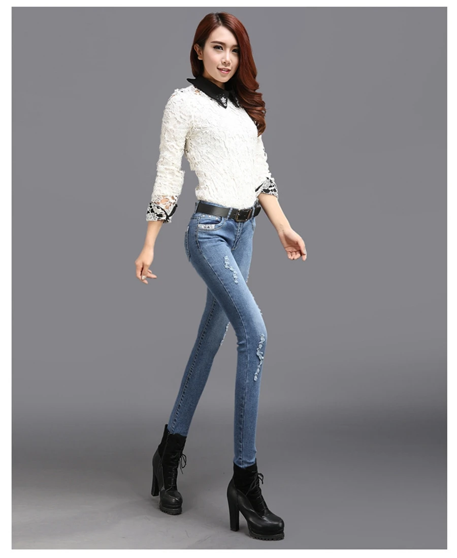 Free Shipping 2015 New Women s Hole Jeans Korean Version Of Slim Was Thin Feet Pencil