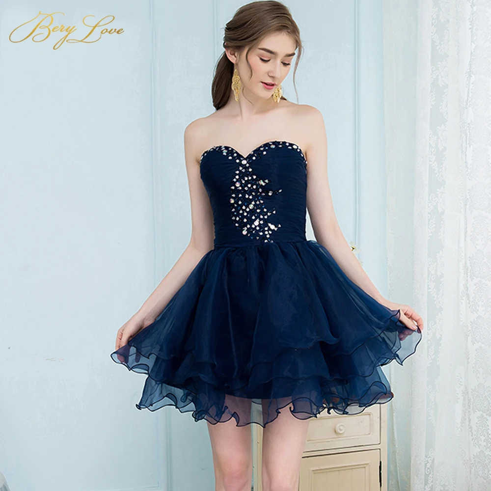 

BeryLove Short Royal Blue Homecoming Dress 2019 Mini Beaded Scoop Neck Two Pieces Short Gown Girl Party Prom Graduation Dress