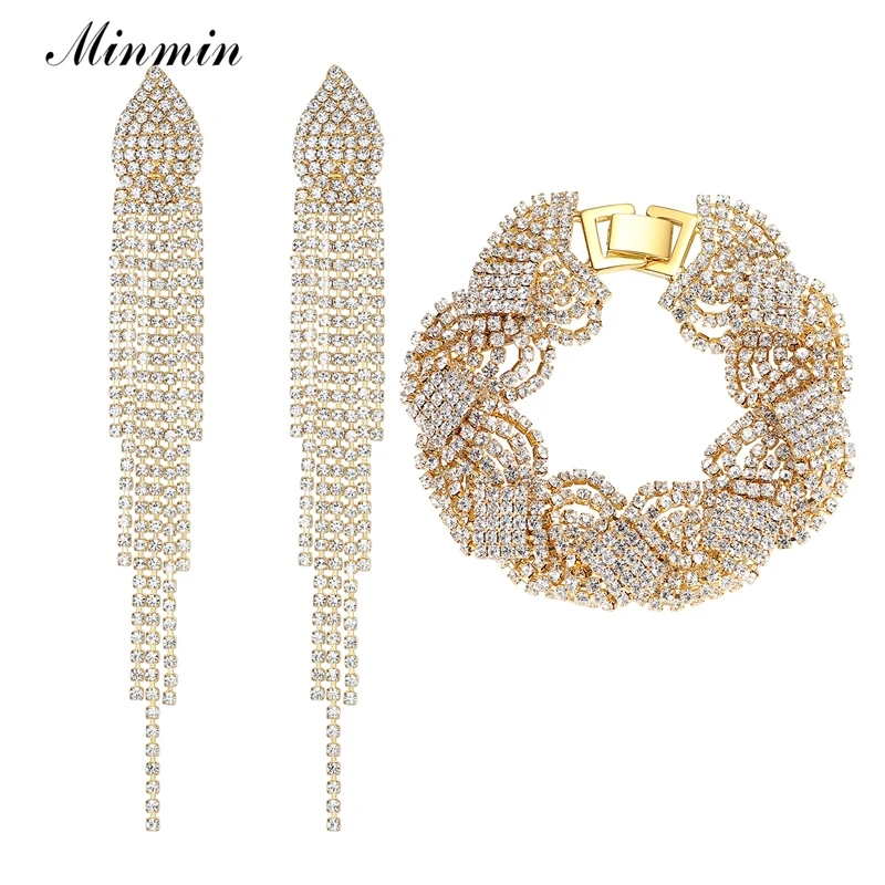 Minmin, золотой цвет, Свадебный Хрустальный браслет, серьги, ювелирный набор, свадебные аксессуары, ювелирный набор с кисточками для женщин, EH360+ SL076