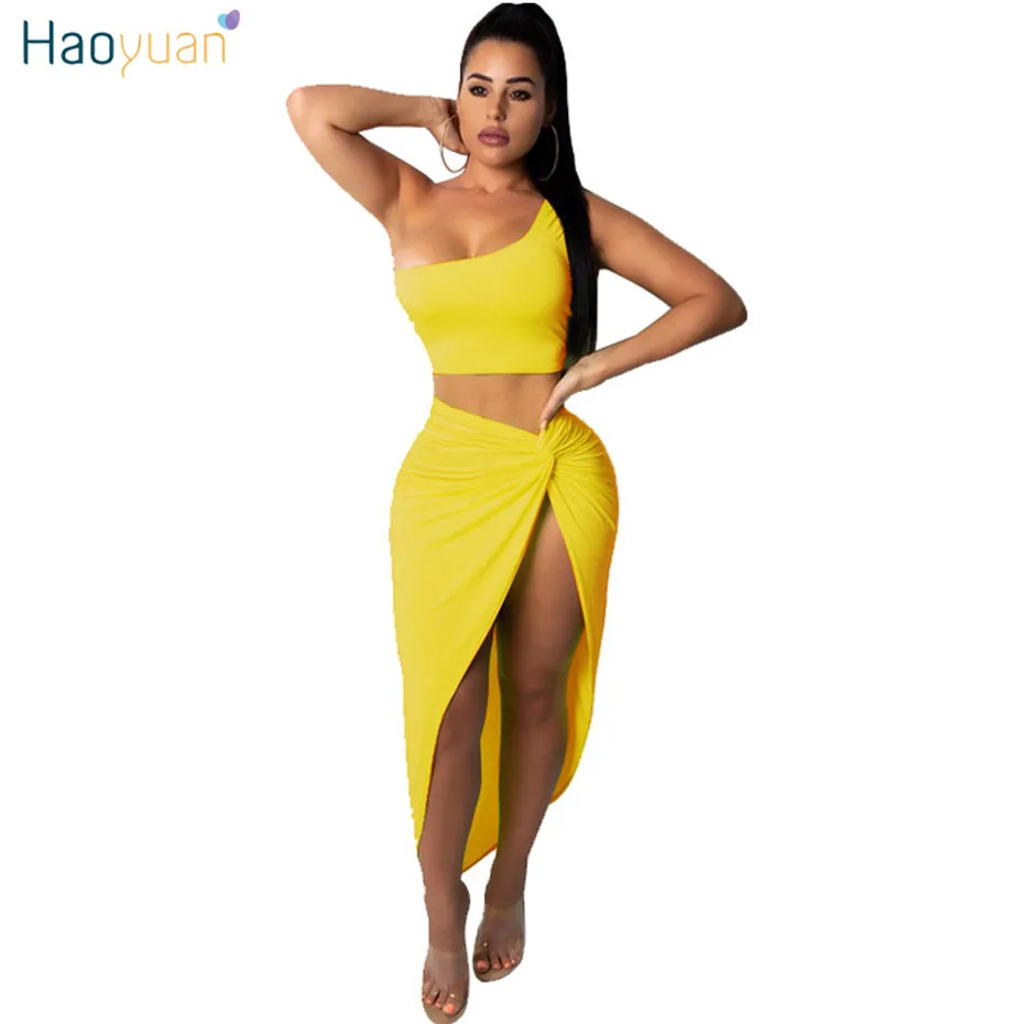 

HAOYUAN Neon Sexy Party Club Dress Women Two Piece Set One Shoulder Slit Bodycon Bandage Maxi Dresses Elegant Summer Beach Dress
