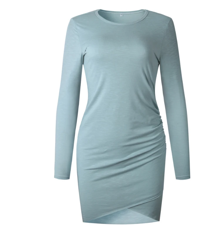 Women Dress 2018 Autumn Asymmetrical Bodycon Dress Female Mini O-Neck Long Sleeve Dresses Draped Casual Dress Short robe Dresses