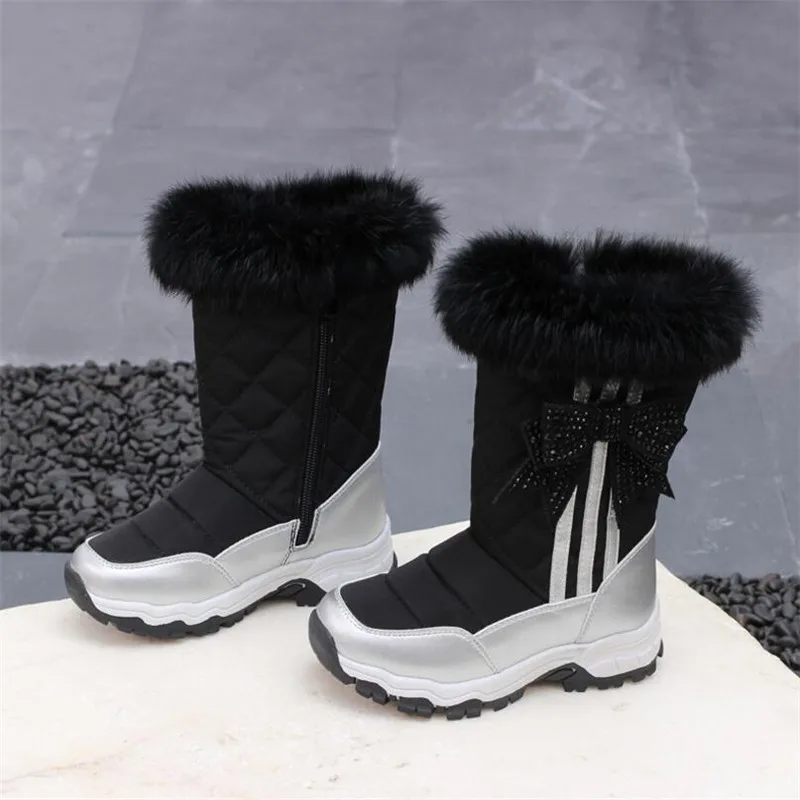

Russian Boys Girls Winter Warm Snow Boots Children Girl Bowtie Decor Anti-slip Fashion Waterproof High Boot New Kids Fur Shoes