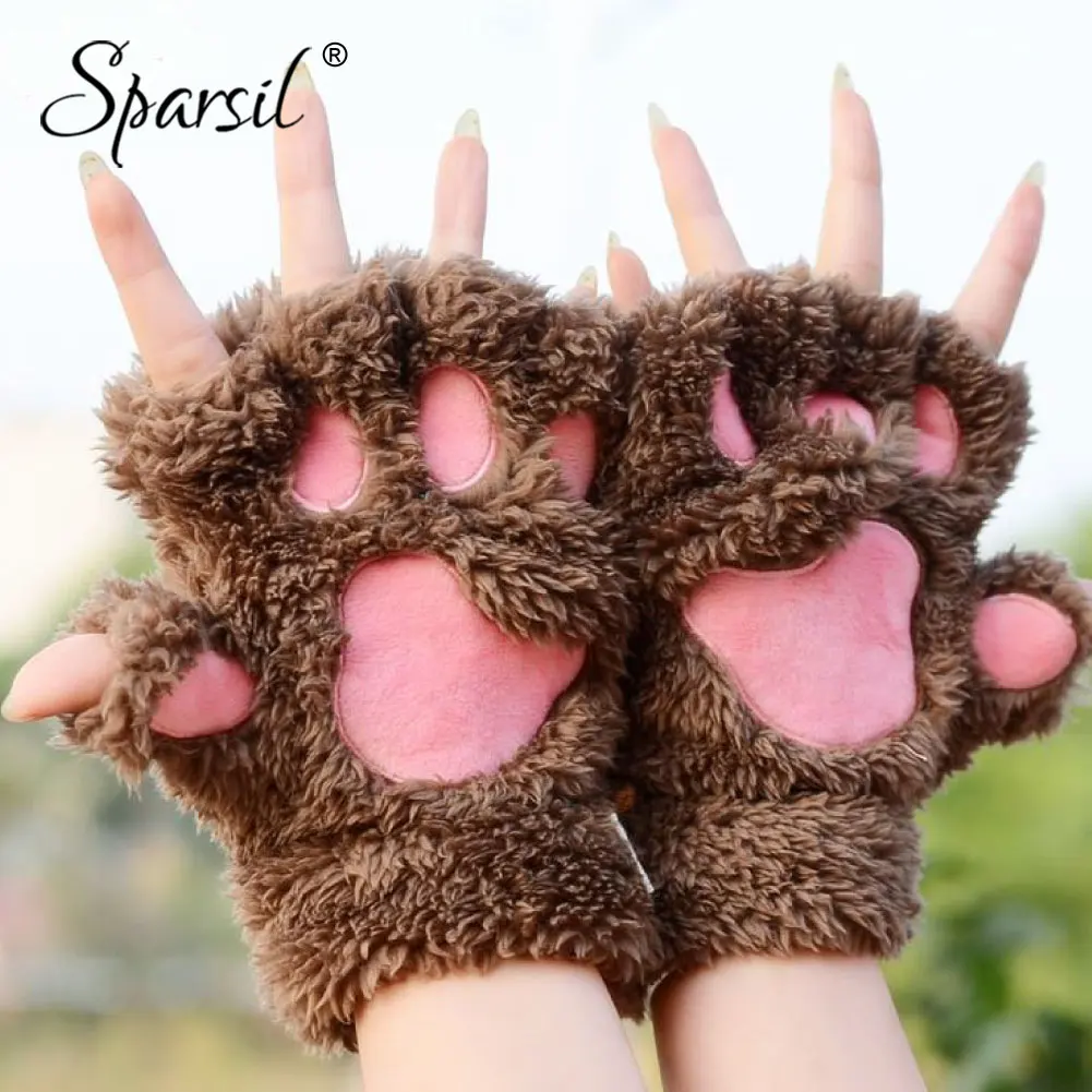 

Sparsil Women Winter Half-Fingers Furry Gloves Cute Cat Claw Bear Paw Glove Fingerless Cosplay Thicken Plush Warm Gloves Mittens