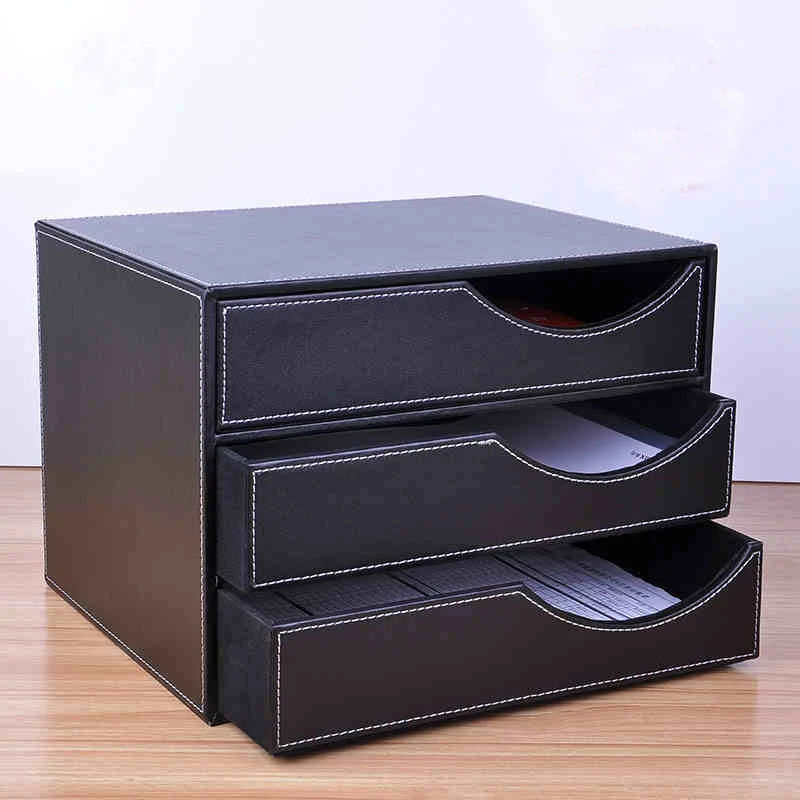 Wood Leather 3 Drawer A4 Desktop File Cabinet Office Table