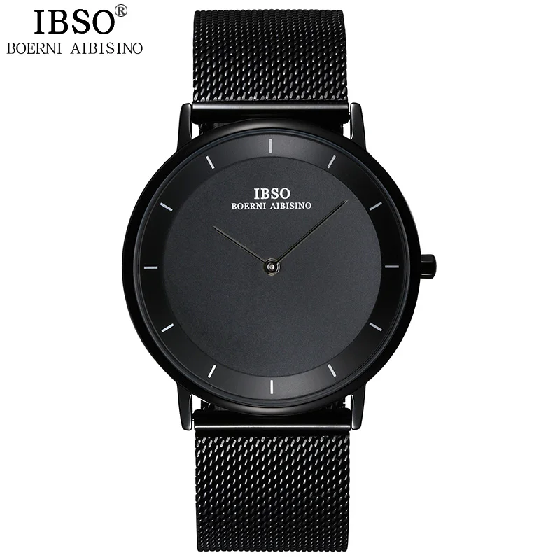 IBSO бренд 7 мм ультратонкий кварцевые наручные часы Нержавеющая Сталь сетка ремень Для Мужские часы лучший бренд класса люкс Мода Relogio masculin часы мужчин черные водонепроницаемые