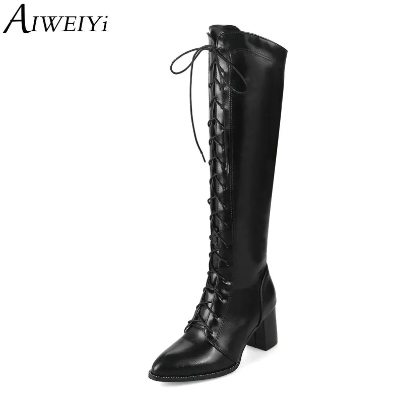 

AIWEIYi Big Size 34-48 Street Style Square High Heels Knee-High Boots Woman Platform Winter Women Shoes Snow Boots Female Shoes