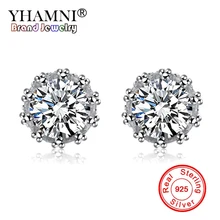 YHAMNI роскошные оригинальные стерлингового серебра 925 Свадебные серьги для женщин натуральный круглый 1ct CZ Циркон серьги-гвоздики в форме короны серьги EN100