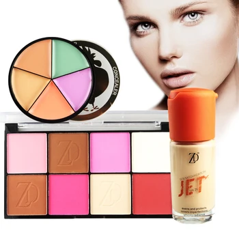 

ZD 3Pcs Face Makeup Set Contour Blush Powder Palette Waterproof 5 Colors Concealer SPF20 Liquid Foundation Cosmetics Kit FB03S