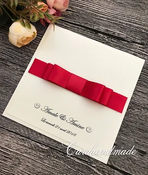 

CA0626 Handmade Simple Bow Wedding Invitations with Ruby Red Satin Ribbon