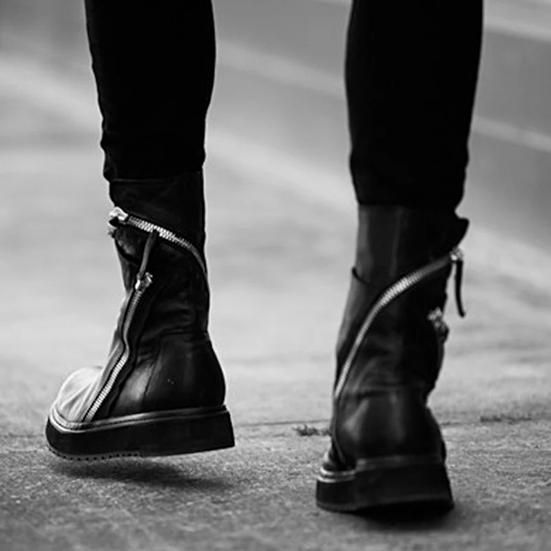 

Fashion Men Boots Side Zip Leather Shoes Men Flats High Top Men Sneakers Punk Style Platform Ankle Boots Warm Fur Winter Boots