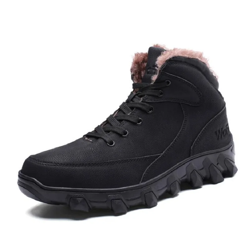 

AMSHCA 2018 Winter Men Snow Boot with fur Rubber Wear Resistant Ankle Boots Male PU Leather Winter Shoes Hiking Man Bota Plus 46