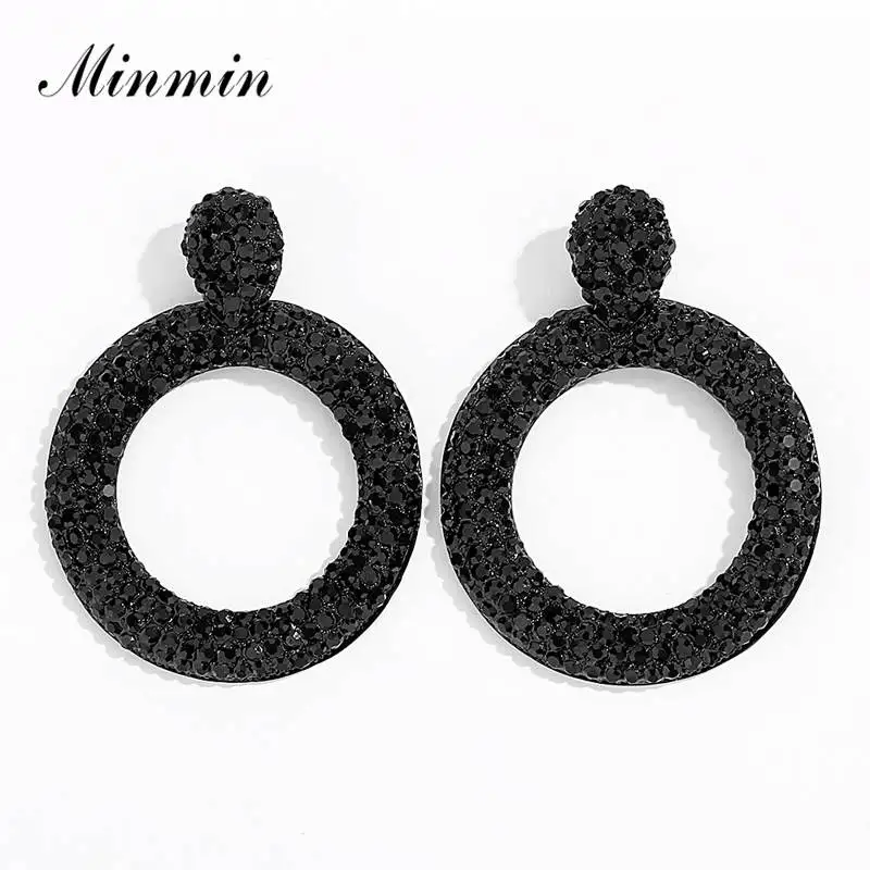 

Minmin Retro Black Rhinestone Long Drop Earrings Fashion Jewelry 2019 3 Colors Big Round Dangle Earrings for Women Female EH1455
