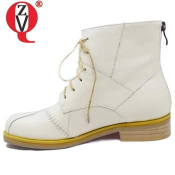 

ZVQ woman shoes autumn new fashion round toe high quality genuine leather cross-tied ankle boots outside mid heels zip shoes
