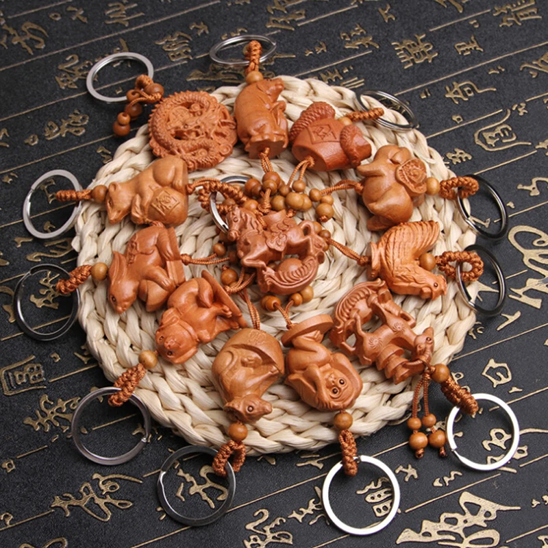 

12 zodiac Natural Wood Keychain Key ring Handmade Wood Key Chain