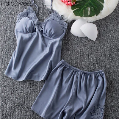 

Summer Slik Sleepwear Woman Pijama Lingerie Suit Female Shorts Home Clothes For 2018 Clothing Pyjama Femme Lace Top Two Piece