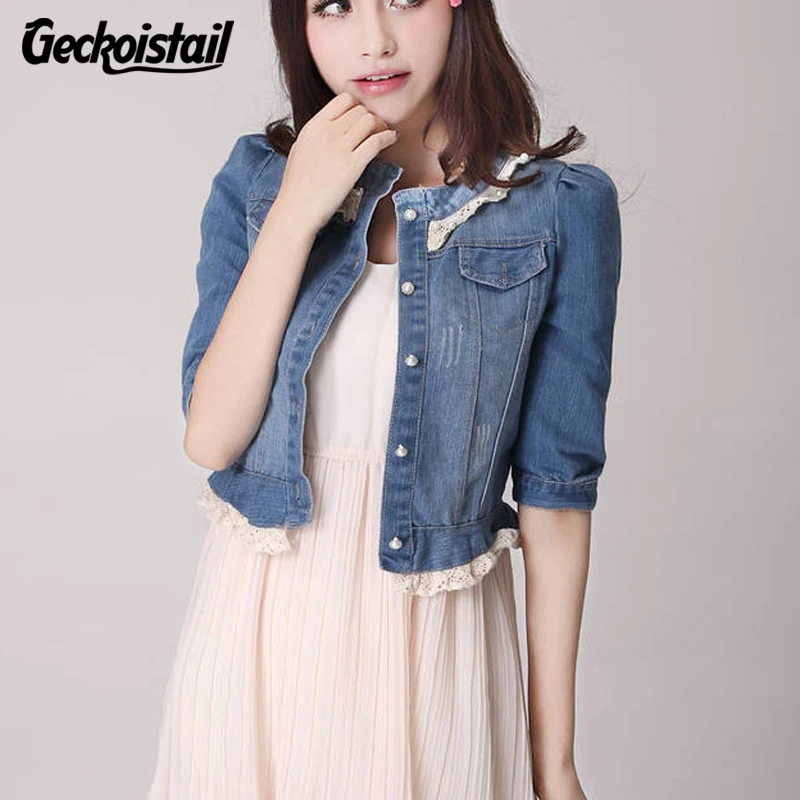 jaqueta jeans com manga de renda