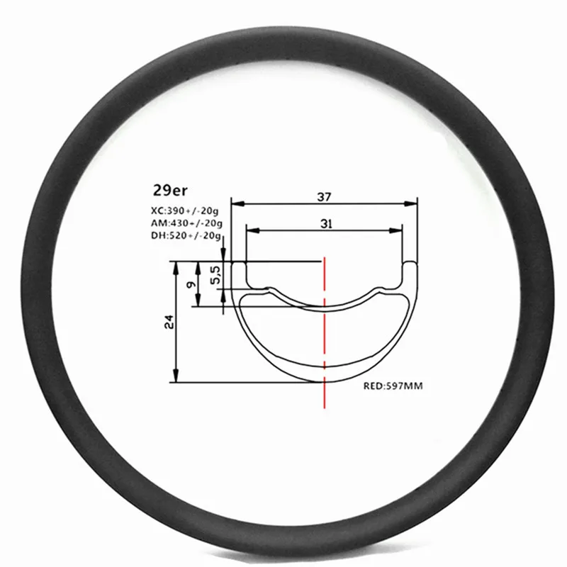 US $161.65 Graphene 29er carbon mtb rims disc tubeless hookless 37x24mm symmetry carbon rim mtb disc bicycle rims XC 390g AM 410g