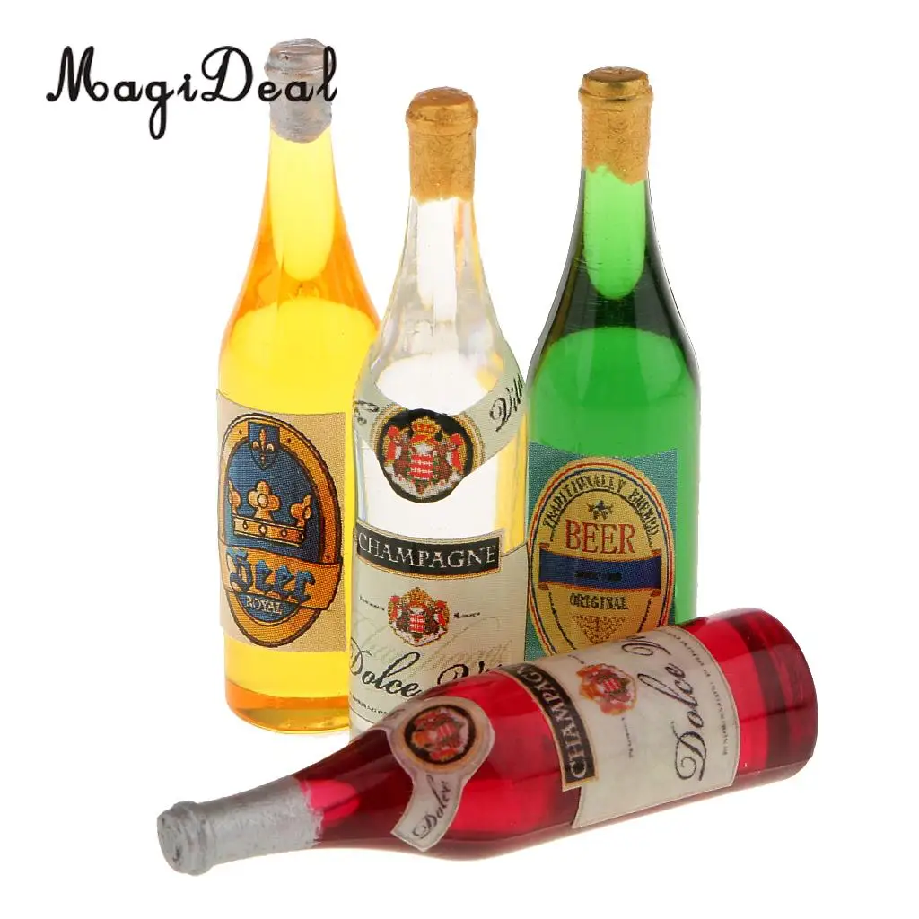 MagiDeal Colorful 4Pcs/Lot 1/12 Scale Wine Bottles Dollhouse Miniature for Coffee Shop Bar Pub Kitchen Desk Model Decor Toys