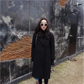 

Winter Coat Women 2019 Autumn Loose Elegant Warm Wool Blend Coat Female Double Breasted Black Color Outwear Wool Coat A3982