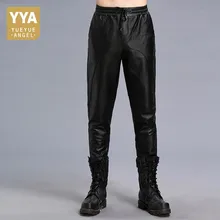 Мужские брюки-карандаш из натуральной кожи, осень, новая мода, уличная одежда, эластичная талия, флисовая подкладка для брюк, тонкие черные брюки