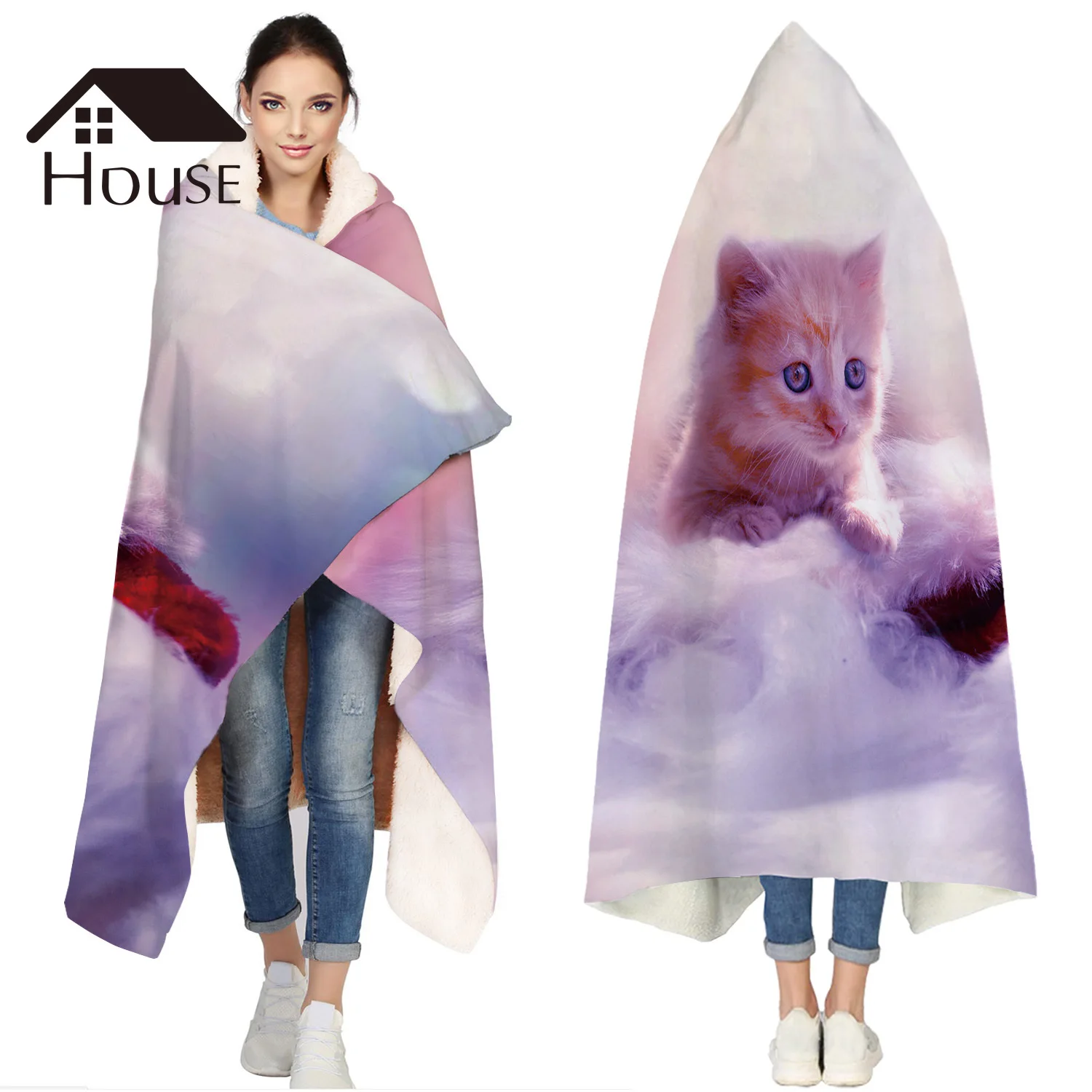 

Portable Wearable Fluffy Custom Hooded Blanket Kitty Cat Cute Adorable Fleece Hooded Throw WrapBed Blanket