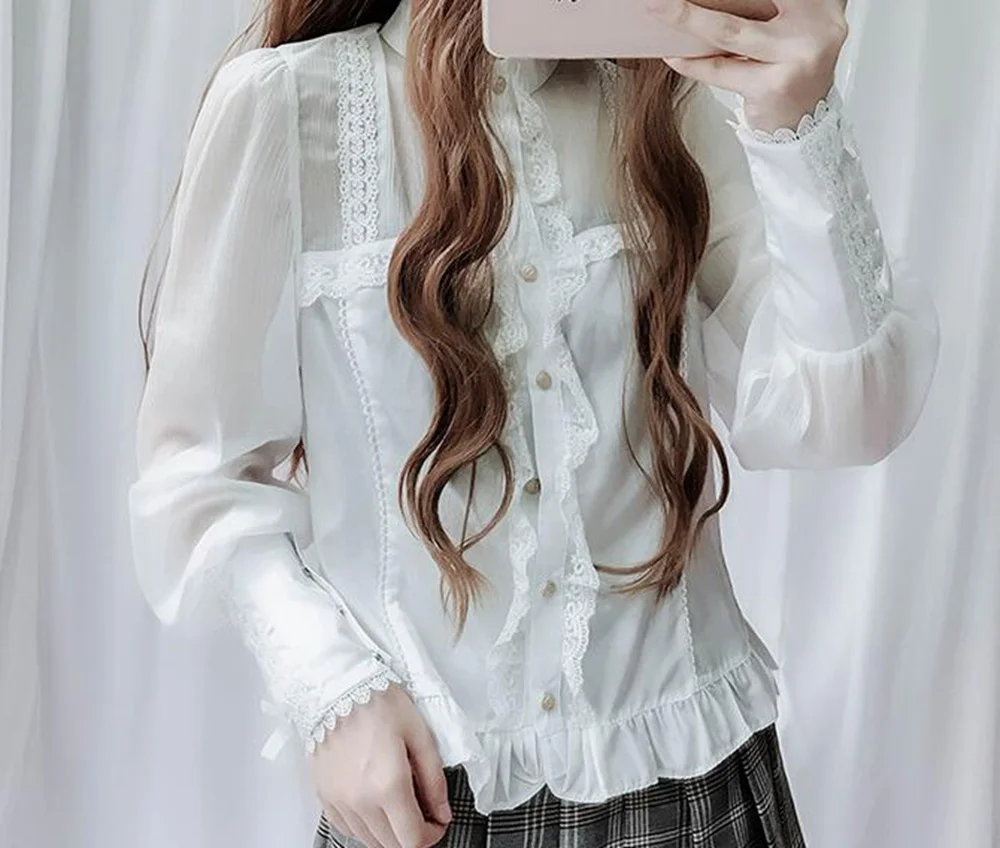 

White Lolita Shirt Women Vintage Style Long Sleeve Stand Collar Lace-up Cuff Sweet Blouse