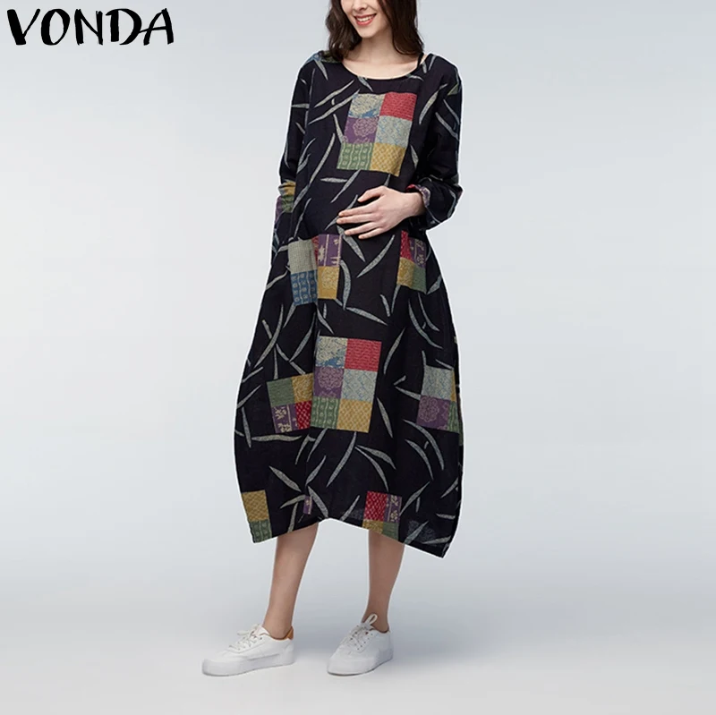 

VONDA Maternity Clothings 2018 Loose Maxi Long Dress Pregnant Women Plus Size Pregnancy Vintage Print Mothers Vestidos Plus 5XL