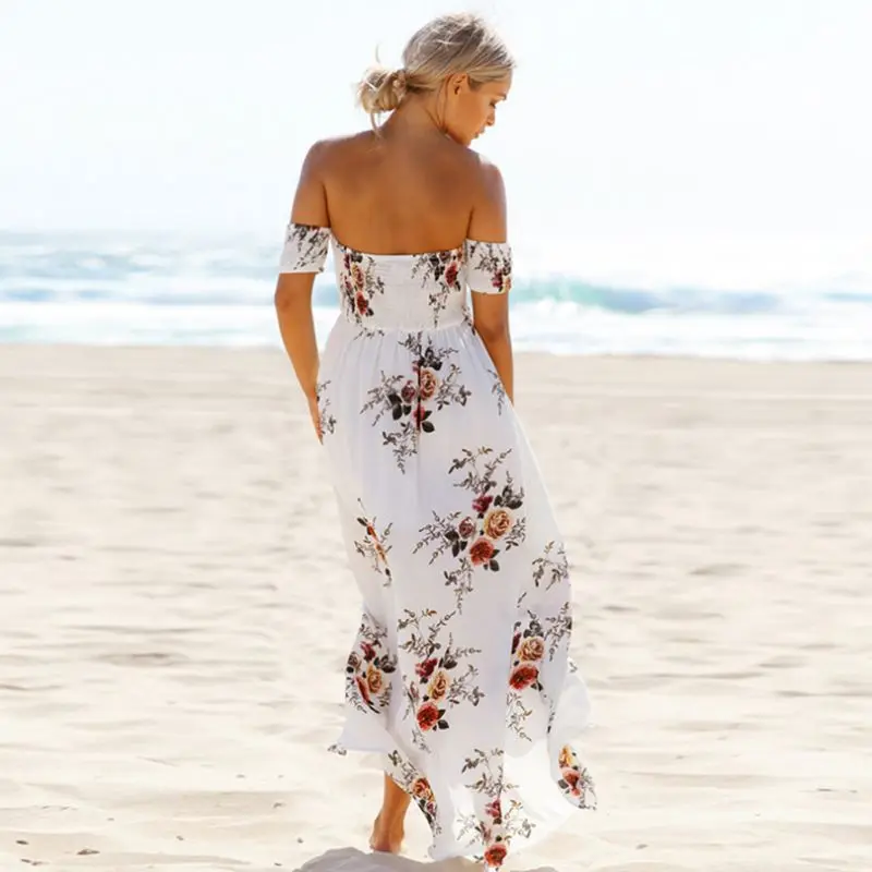 Boho Стиль длинное платье Для женщин с открытыми плечами пляжные летние платья