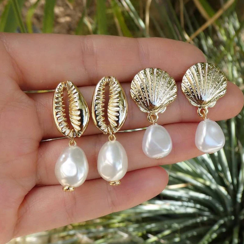 

Tocona 2pair/1set Beach Boho Ocean Gold Color Shell Pearl Pendant Earrings for Women Charm Drop Dangle Earrings Jewelry 8021
