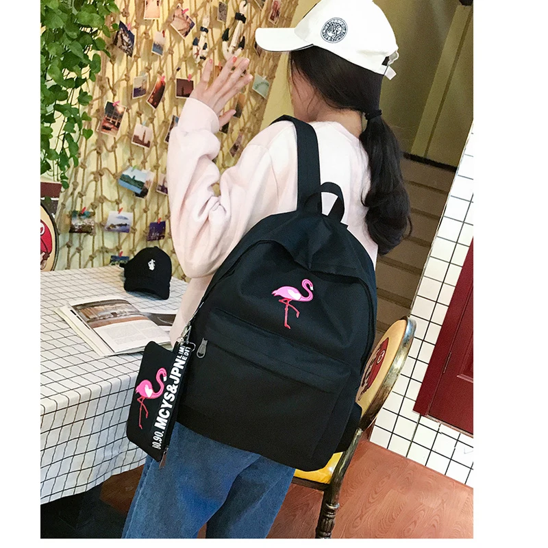 Harajuku school bag female Korean version of ulzzang high school students flamingo print campus college wind canvas backpack