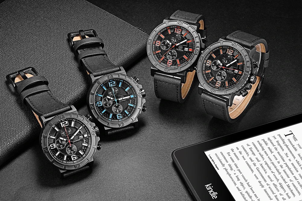 STARKING Men's Sport Wrist Watch Genuine Leather Watch Band Chronograph Russian Military Watches 30M Water Resistant Army Watch (10)