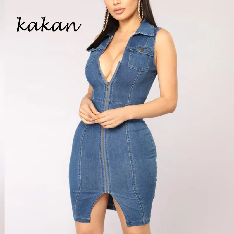 

Kakan sexy button short denim dress women's 2019 new solid color sleeveless split zipper denim dress