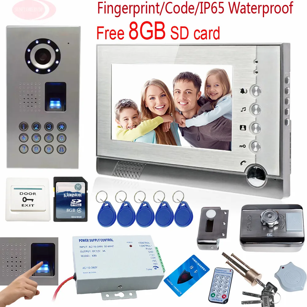 

Fingerprint Video Intercom With Recording 8GB SD Card IP65 Waterproof CCD Camera Intercom-System-Key Rfid Electronic door lock